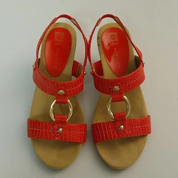 ANNE KLEIN i FLEX CORK, CROCO, SLING BACKSANDAL, ORANGE/RED, GOLD HARDWARE - Picture 14 of 14